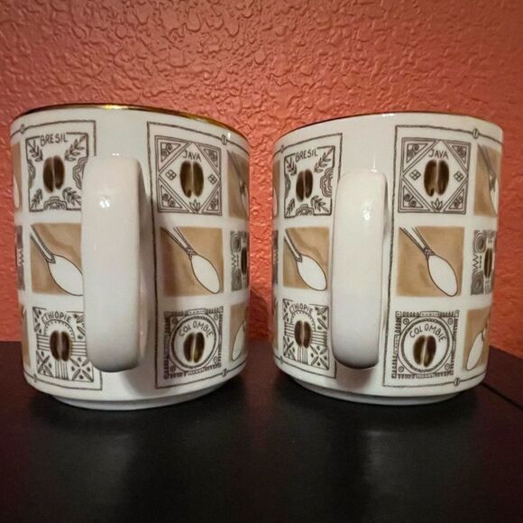 World Coffee Bean Spoon Pattern France Porcelain Gold Rim Coffee Mugs - Picture 5 of 12